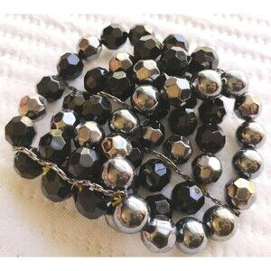 Boho Chic Large Black Beaded Memory Wire Wrap Bracelet Heavy Black Faceted Beads